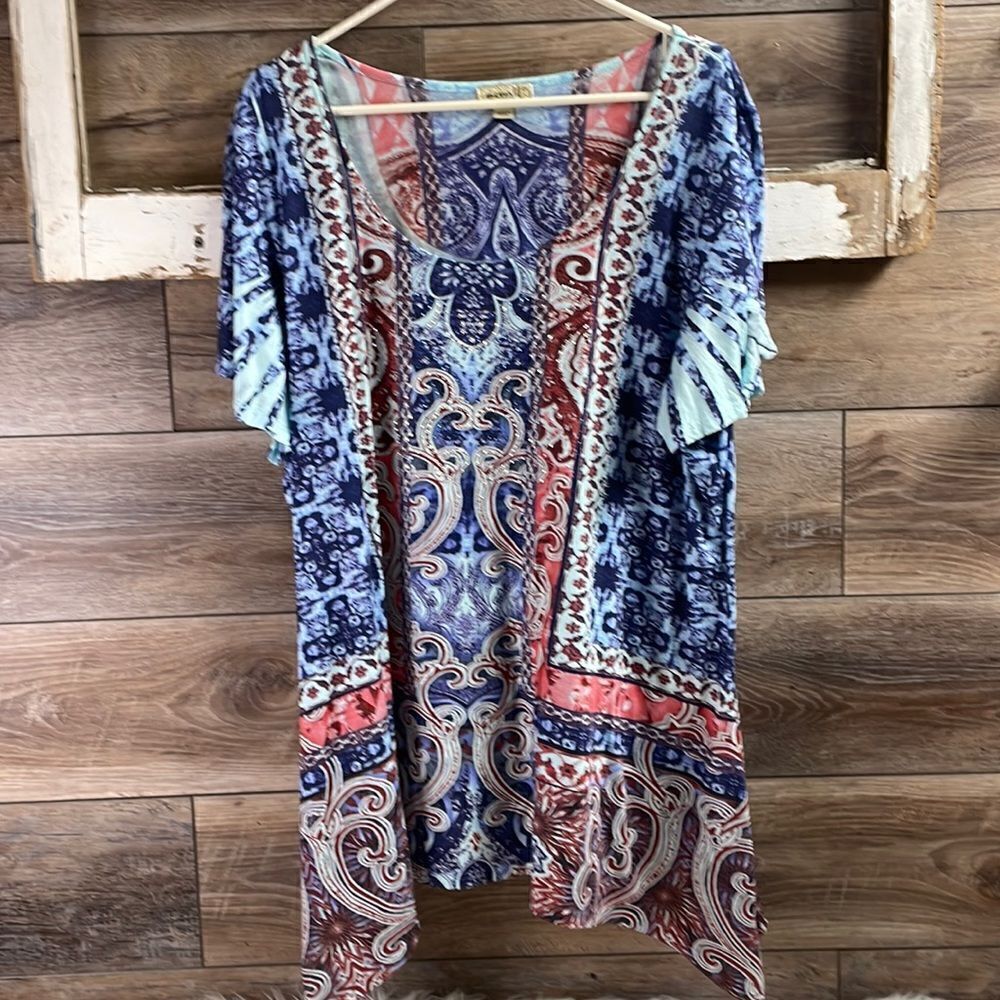 One World Womens Tunic Top, Asymmetrical Hem Line,Embellished,Size 2X,Blue Multi